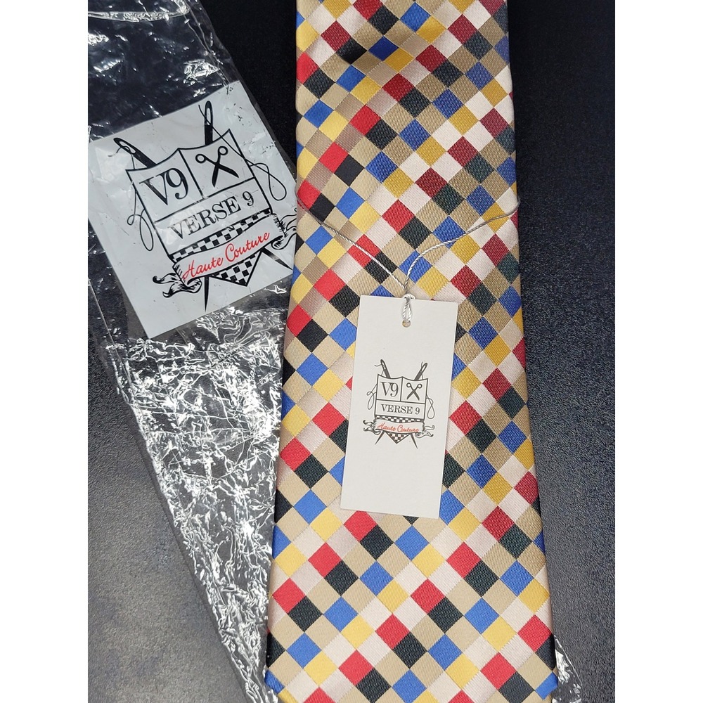 Verse 9 Tie Pocket Square Set Multicolor Checkered Silk Haute Couture NWT